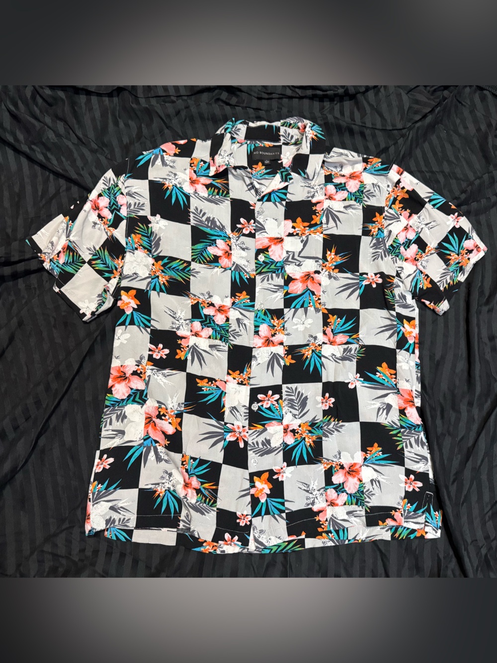 No Boundaries Black and White Check Floral Button-Down Shirt